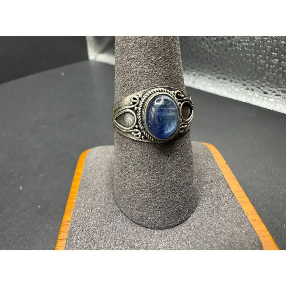 Vintage Sterling Silver 925 Oval Blue Kyanite Cabochon Ring Size 9.5